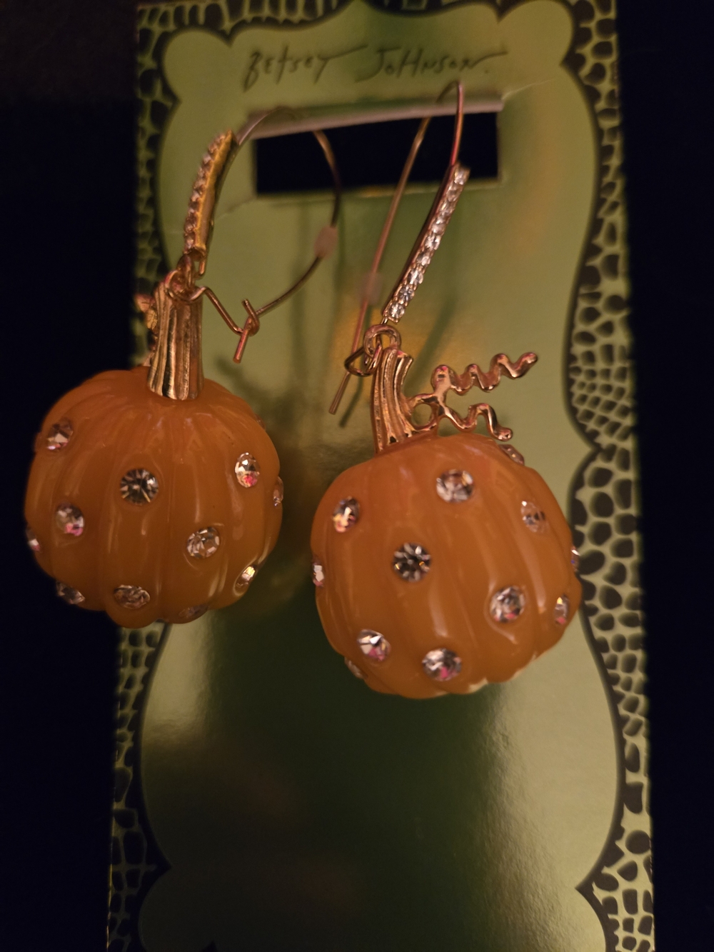 Betsey Johnson Orange Pumpkin Drop Earrings with Crystal Accents